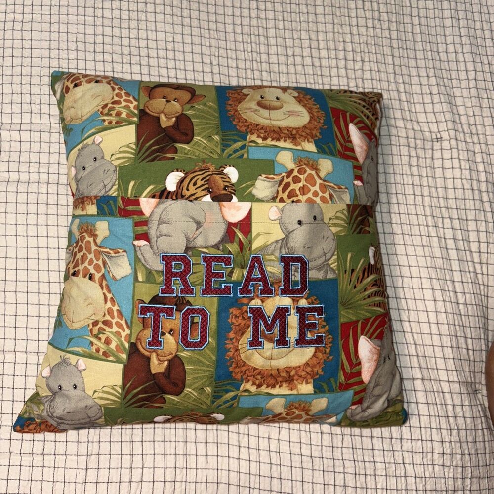 Book Pocket Pillow Embroidered With "READ TO ME" 16x16 in. Jungle Animals